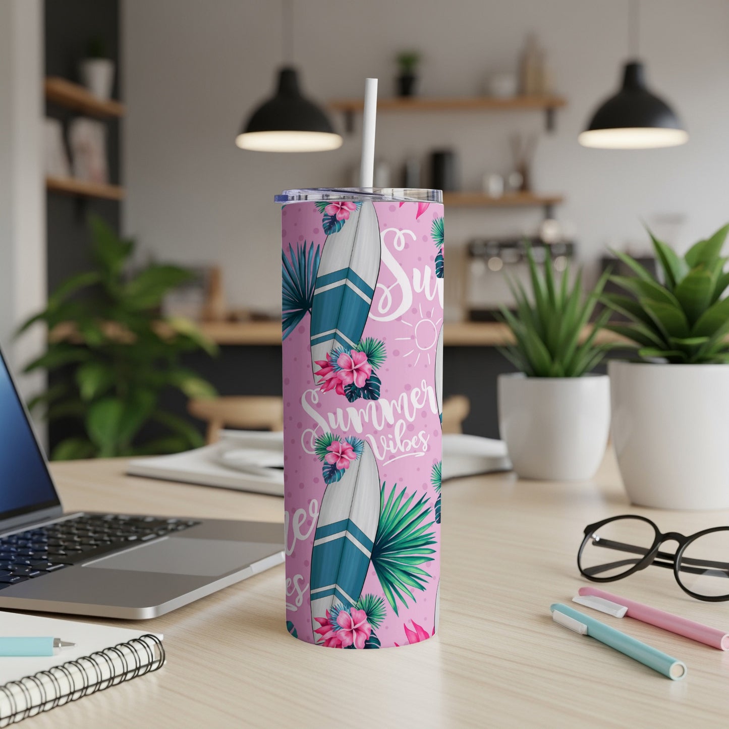 Pink tumbler with tropical leaves and "Summer Vibes" text.