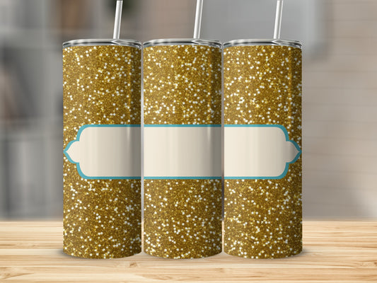 Three gold glitter tumblers with a light blue and cream label.