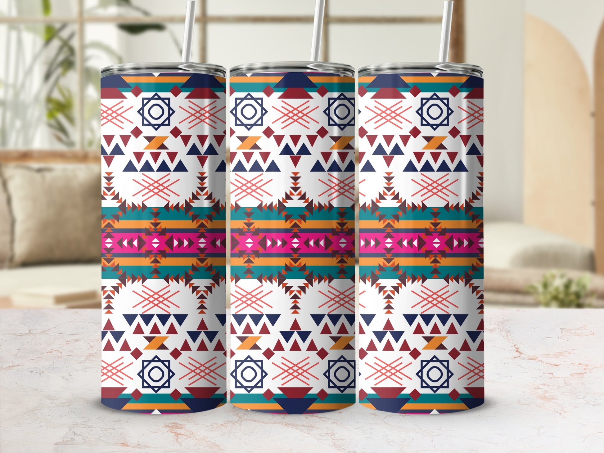 Vibrant Geometric Pattern Tumbler with Straw Cup