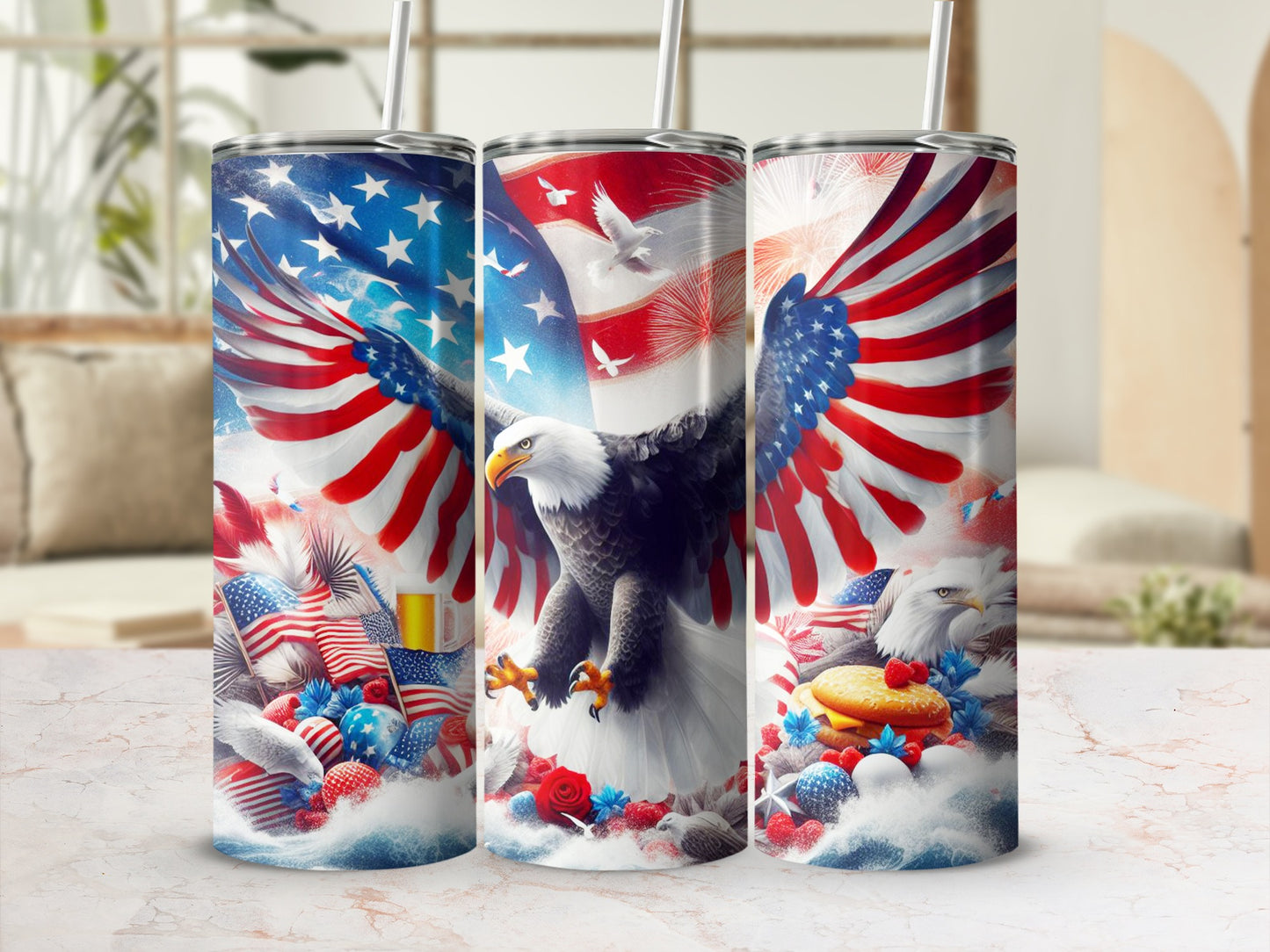 American eagle with patriotic flag wings and fireworks on a tumbler.