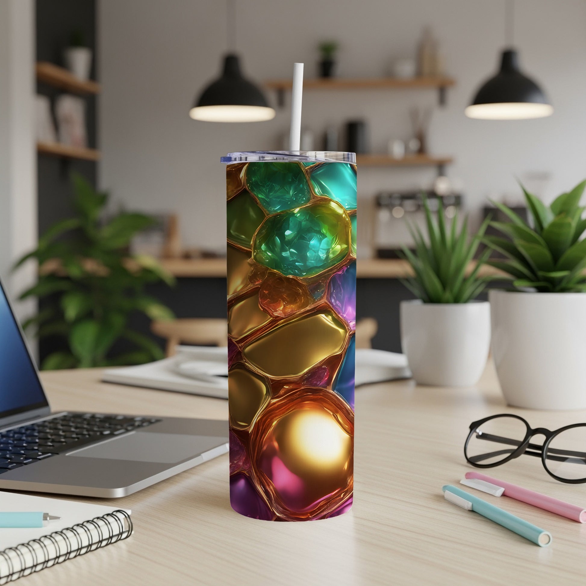 Tall insulated tumbler with colorful, gem-like design on desk.