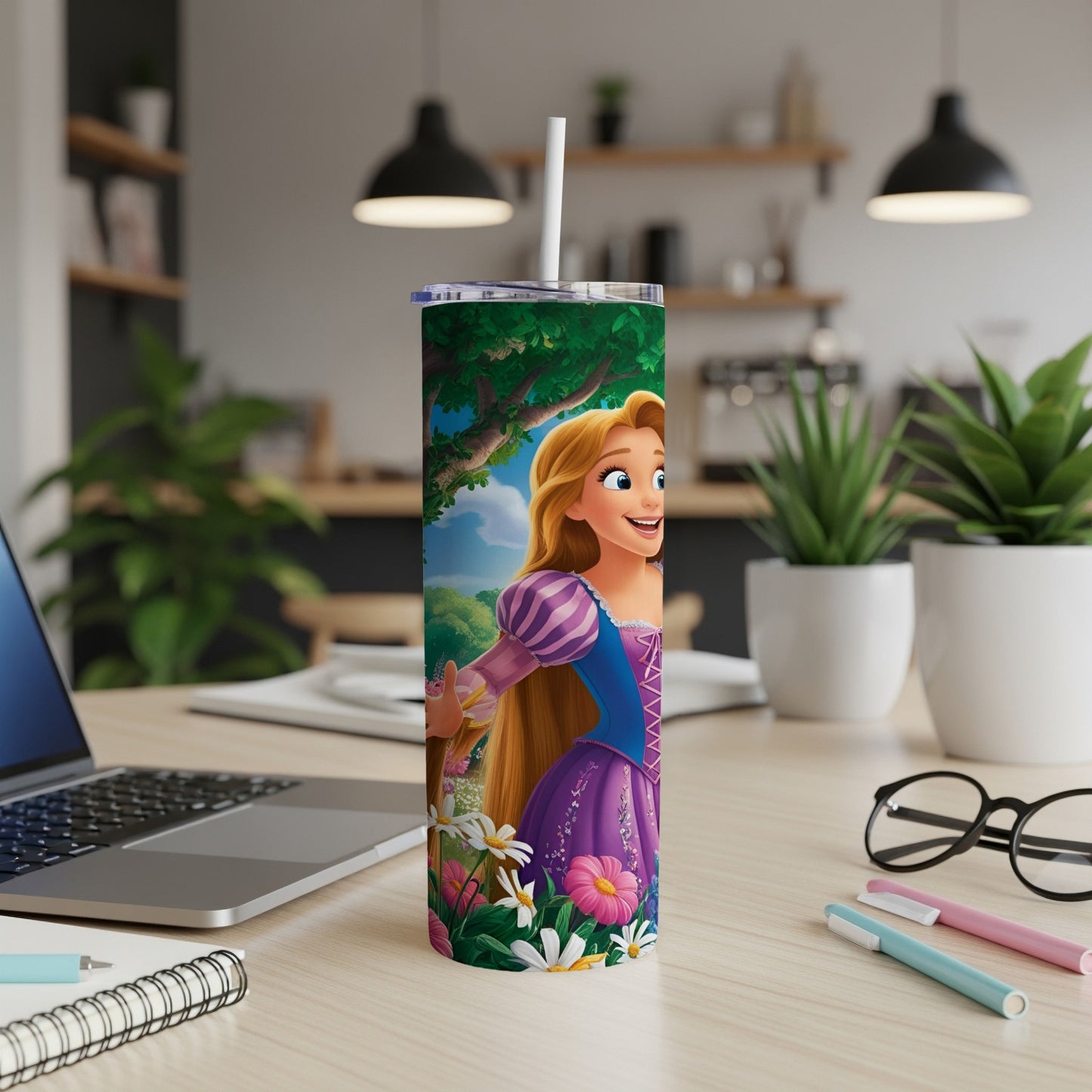 Rapunzel in a purple dress on a tumbler with flowers and a straw.