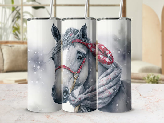 Horse head with red bridle and scarf, white background with snowflakes.