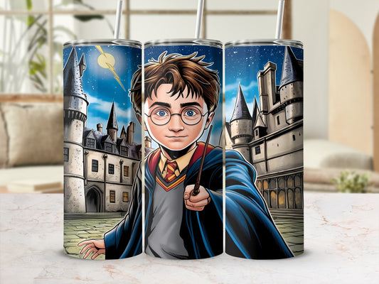 Harry Potter illustration on a tumbler with Hogwarts castle background.