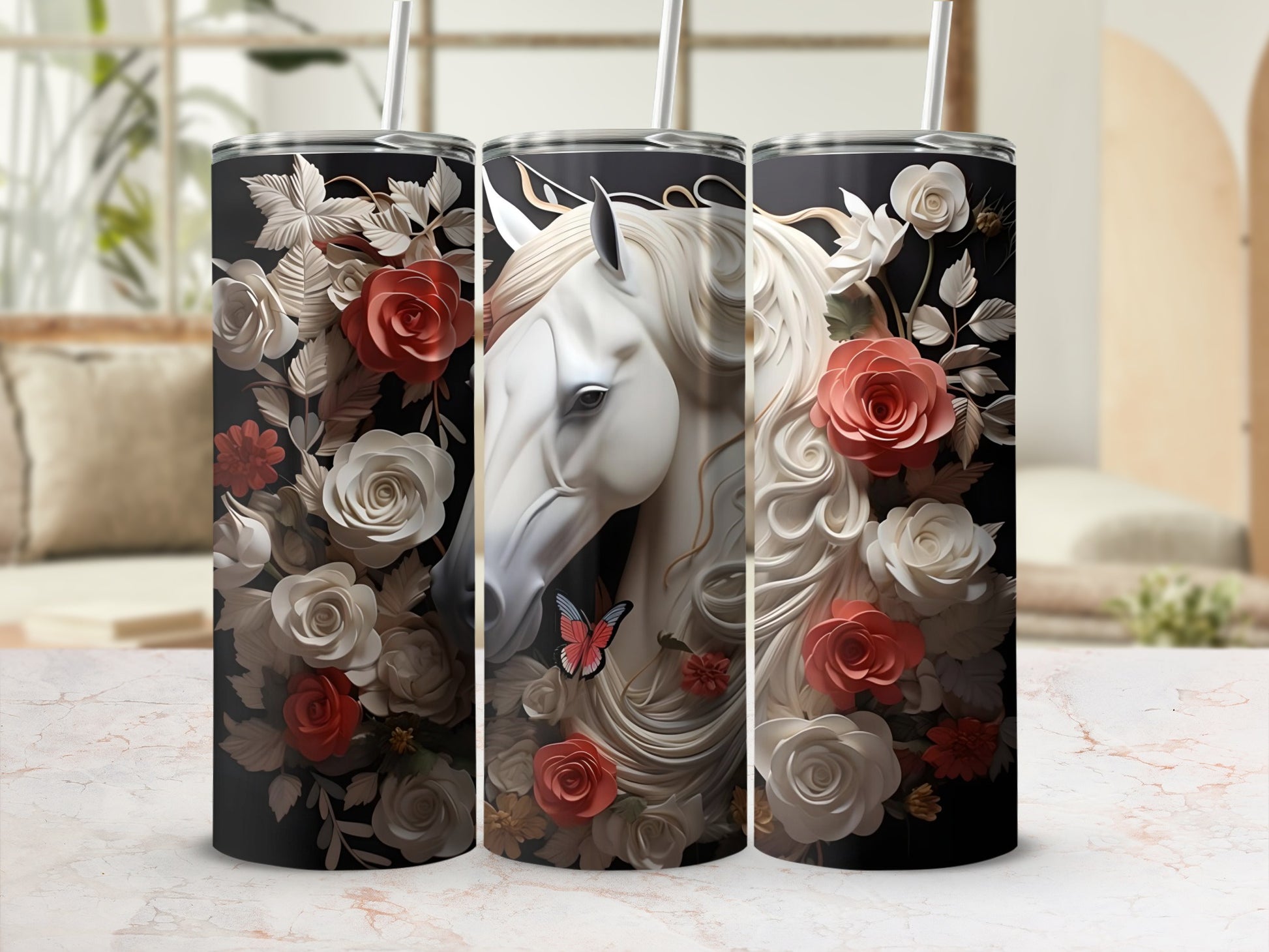 Floral Horse Tumbler with Butterfly on Black Background