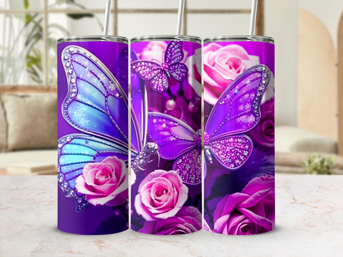 Three purple tumblers with butterfly and rose designs, featuring glitter accents.