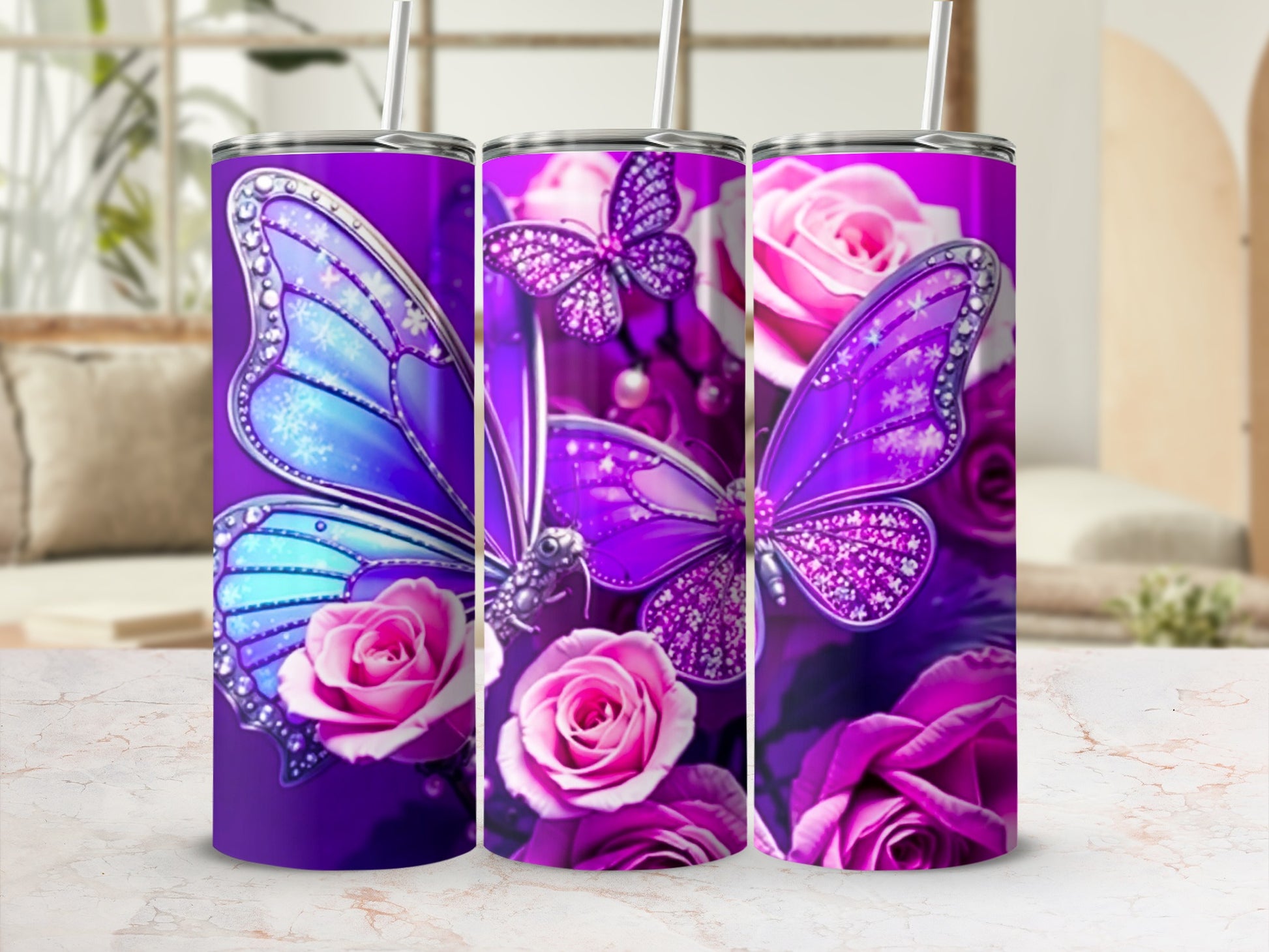 Three purple tumblers with butterfly and rose designs, featuring glitter accents.