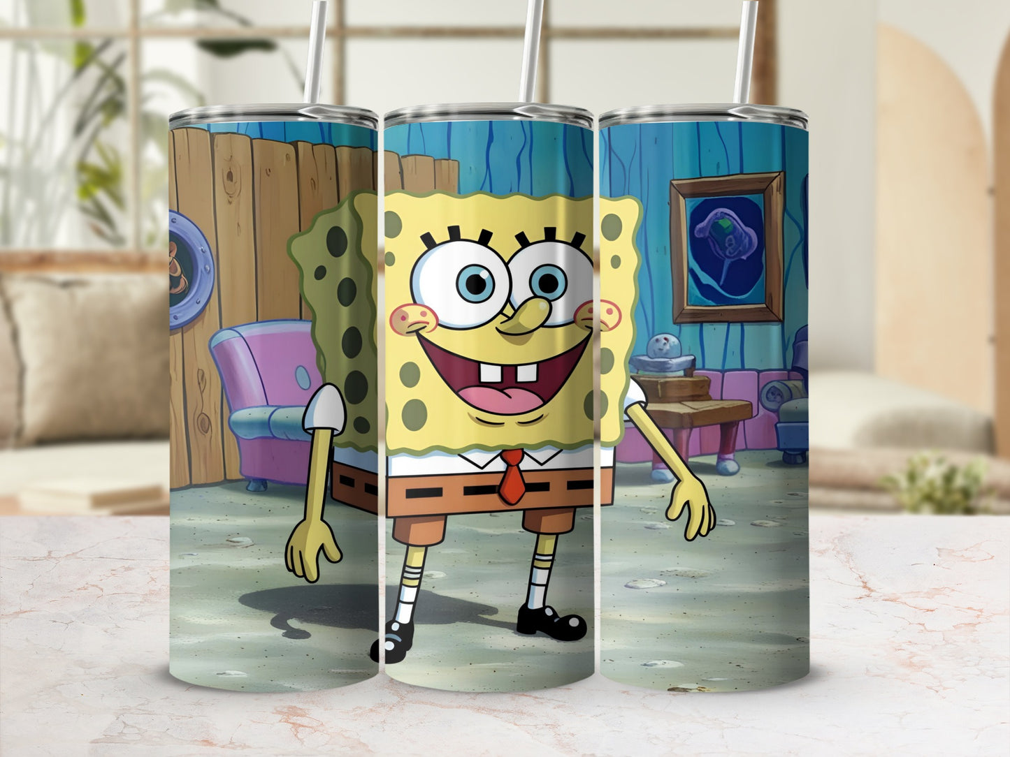 SpongeBob SquarePants character on a tumbler with a nautical background.