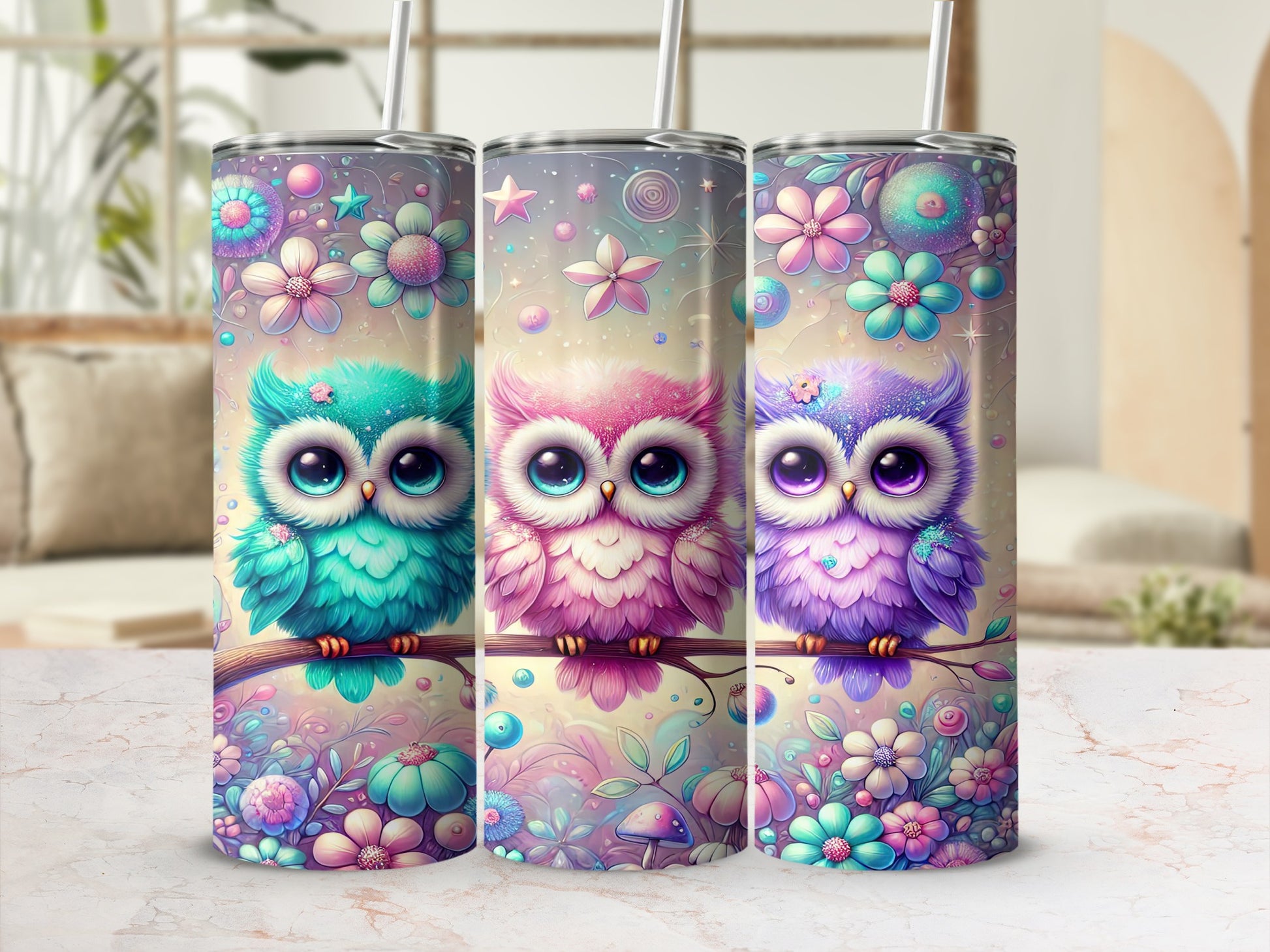 Adorable Colorful Owl and Flowers Design Tumbler Cup