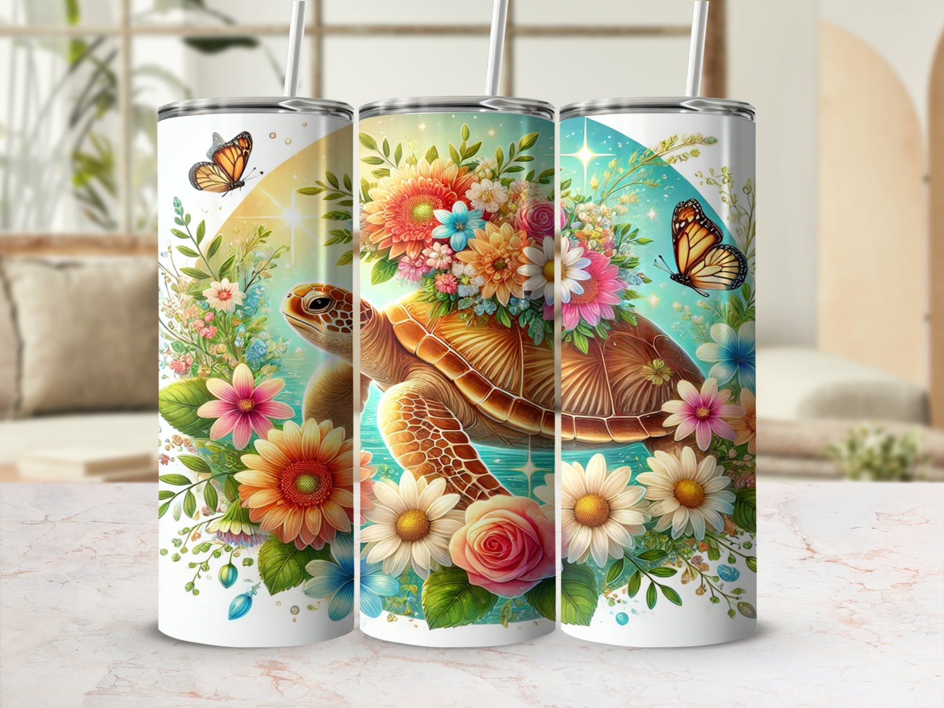 Colorful Floral Turtle and Butterfly Design Tumbler