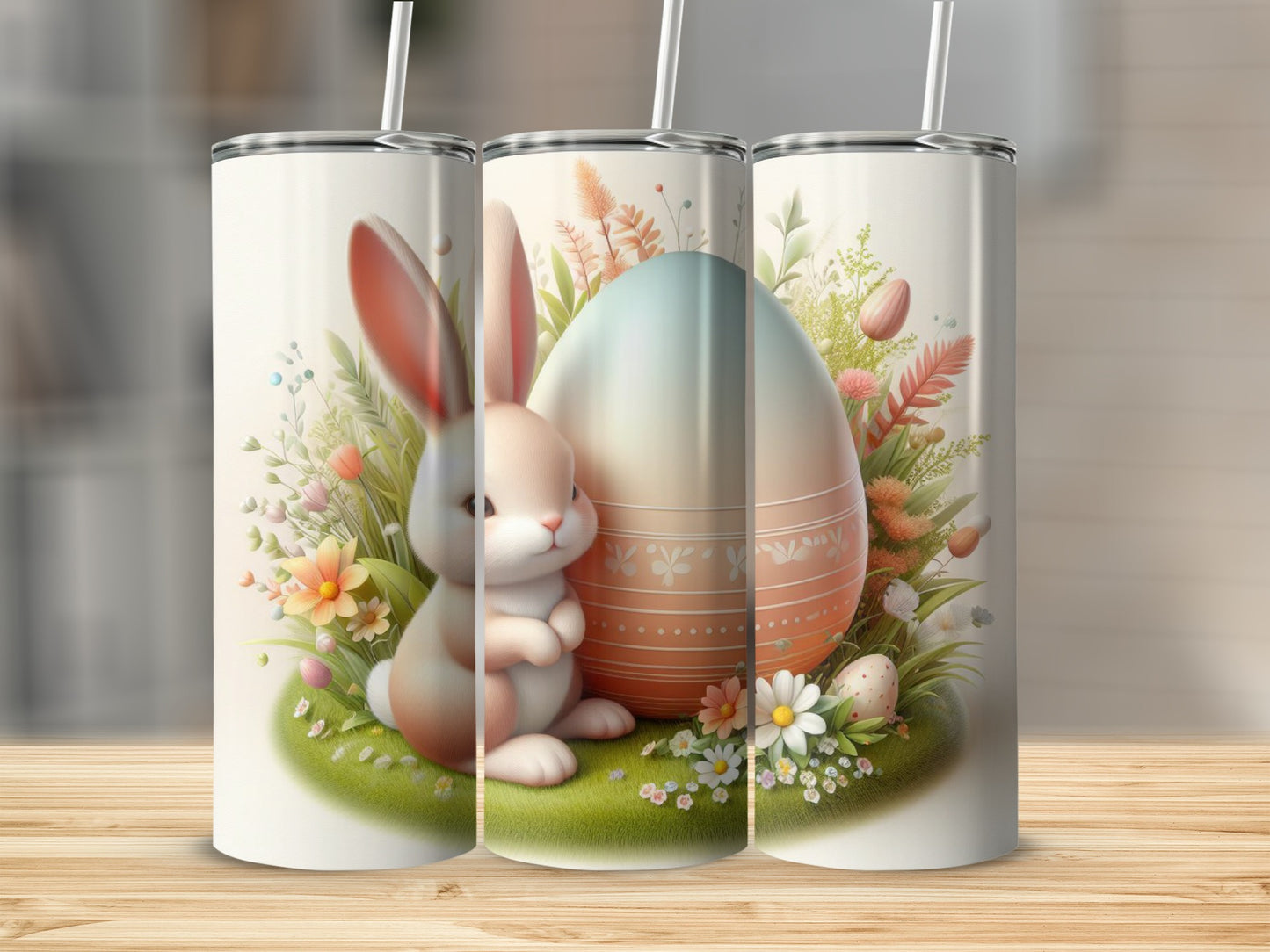 Easter bunny and egg with spring flowers on a tumbler.