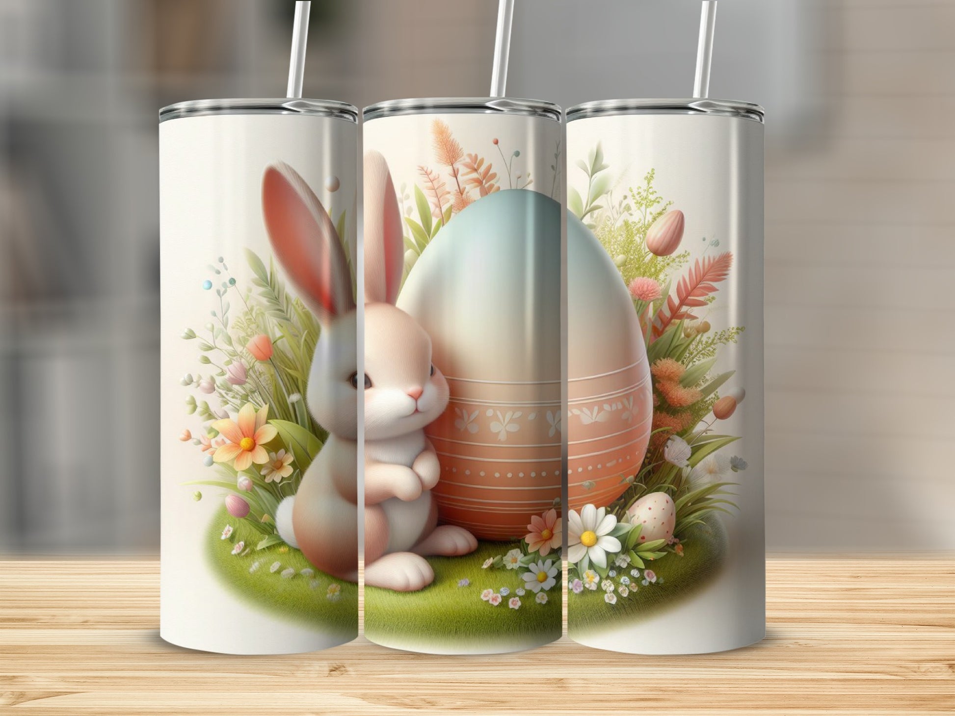 Easter bunny and egg with spring flowers on a tumbler.