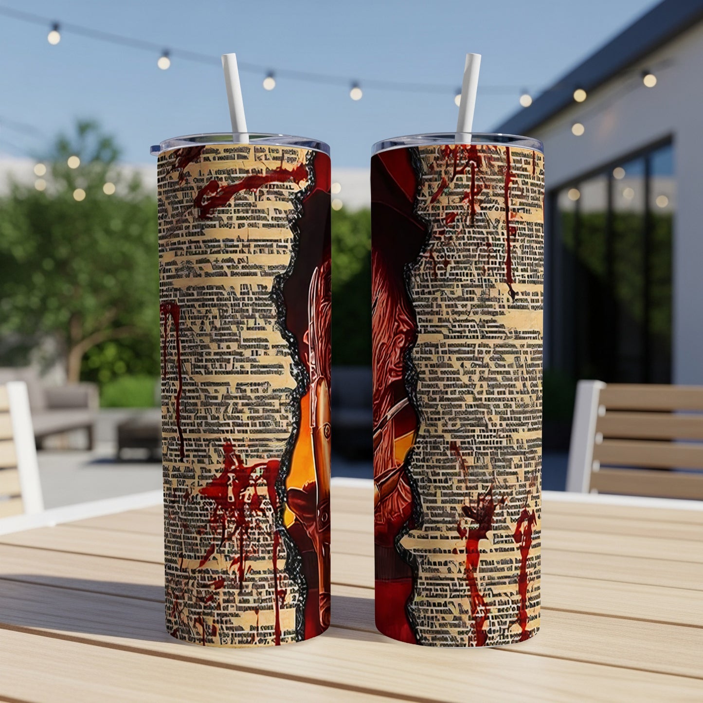 Two tumblers with a blood-splattered newspaper print design.