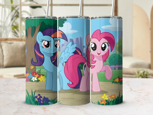 Three cartoon ponies, Rainbow Dash and Pinkie Pie, stand in a grassy field with flowers.
