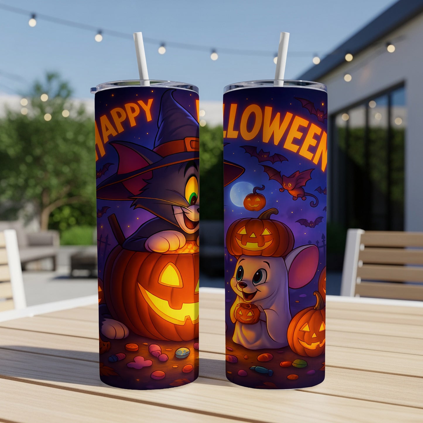 Two tumblers with Halloween characters, pumpkins, and candy.