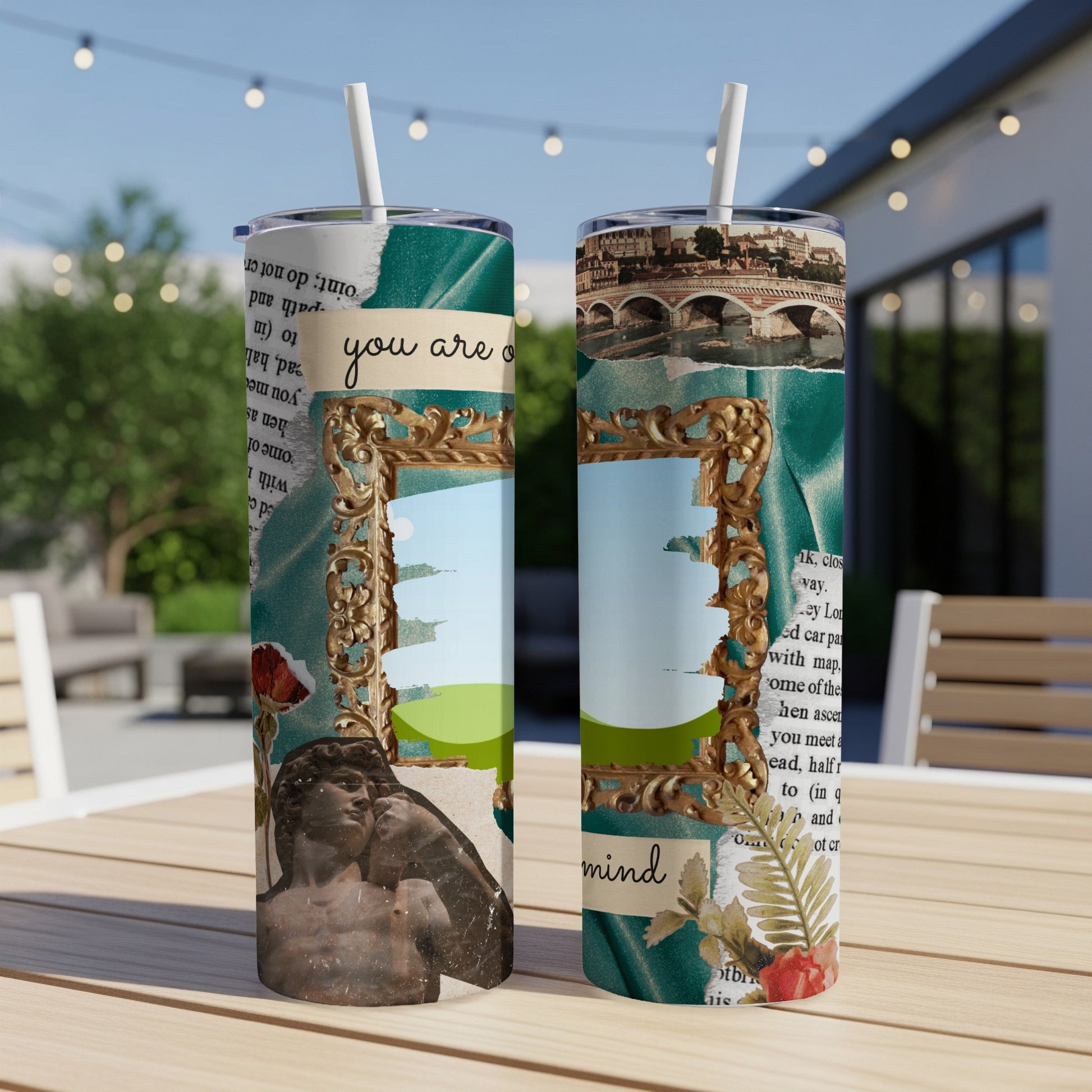 Two tumblers with collage art featuring classical statue and city bridge.