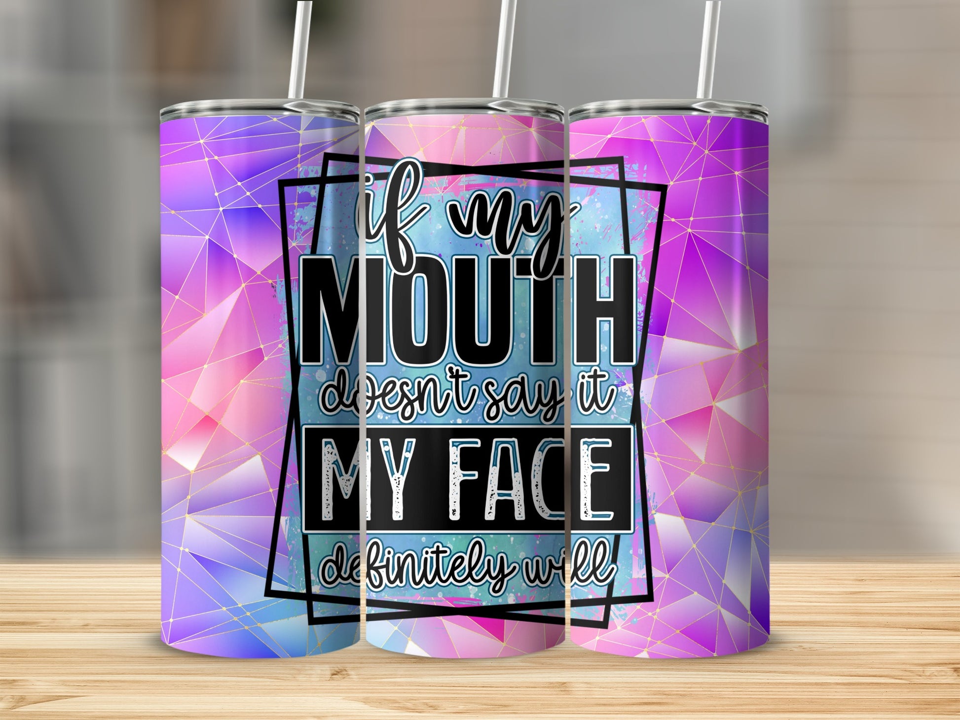 If My Mouth Doesn't Say It My Face Will Tumbler product type
Tumbler
Drinkware
Insulated Cup
Travel Mug
Sarcastic Quote
Funny Saying
Sassy Expression
Attitude Quote
Mouth Face Quote
Humorous Gift
Geometric Pattern
Purple Pink Blue
Abstract Design
Gold Lines
Vibrant Gradient
Colorful Drinkware
Everyday Tumbler
Gift Idea
Unique Design
Quote Tumbler