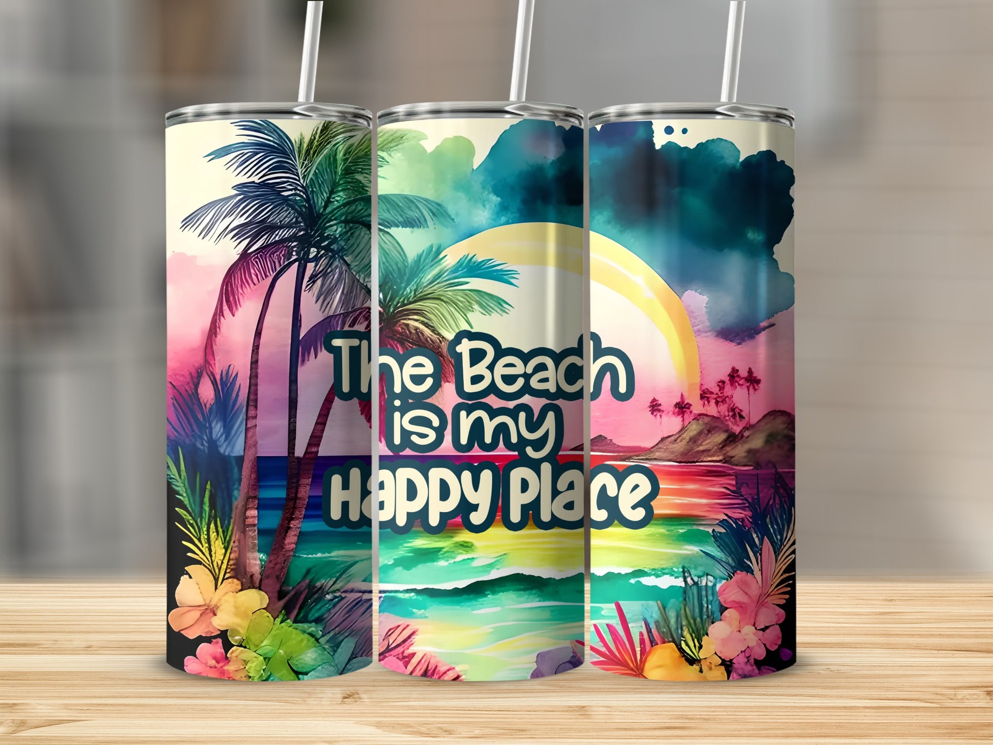 Beach scene tumbler with palm trees and text "The Beach is my happy place".