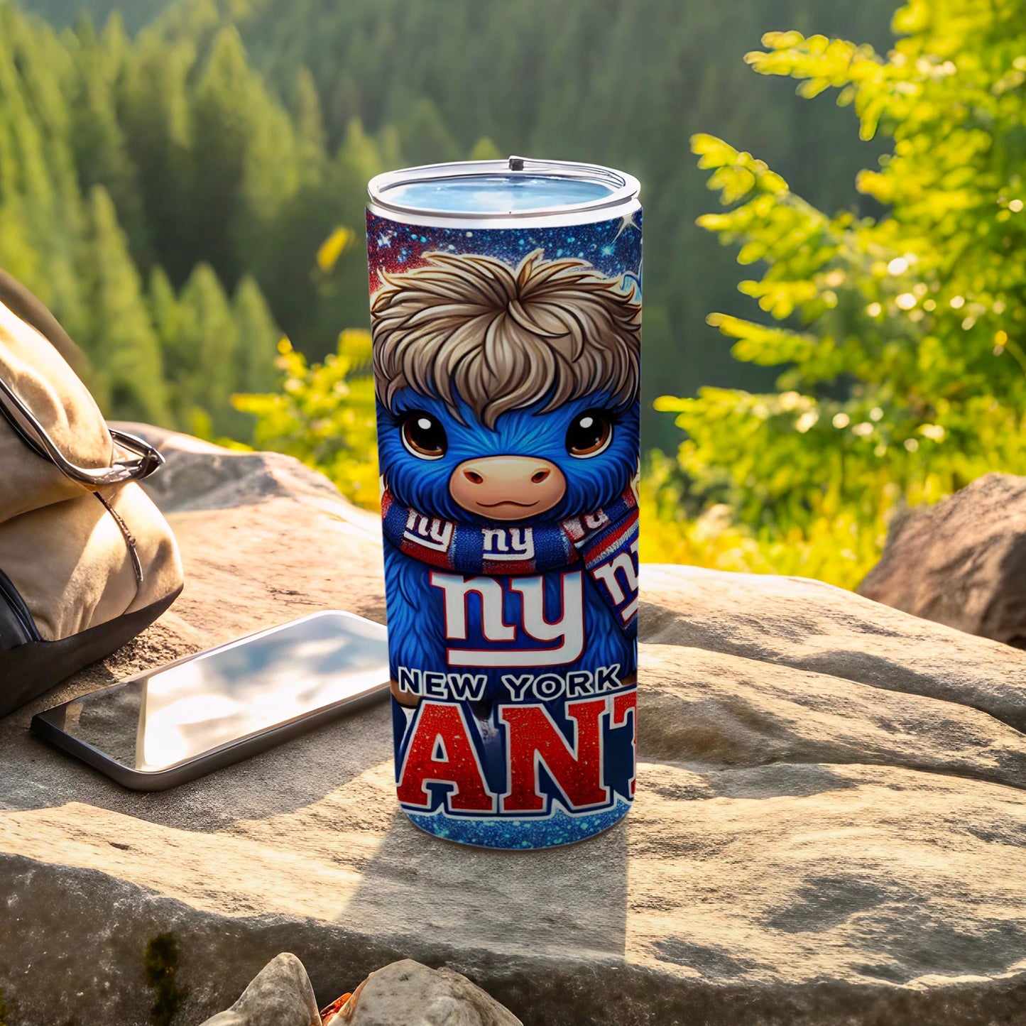 New York Giants themed tumbler featuring a cartoon blue creature wearing a scarf.