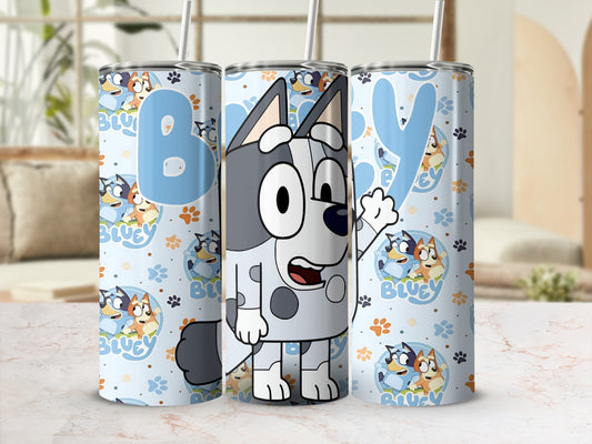Bluey and Bingo cartoon characters on a light blue patterned tumbler.