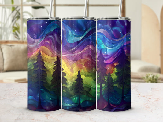 Three tumblers with a vibrant, colorful night sky and silhouetted trees design.