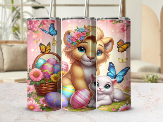 Lion cub and kitten with Easter eggs and butterflies.