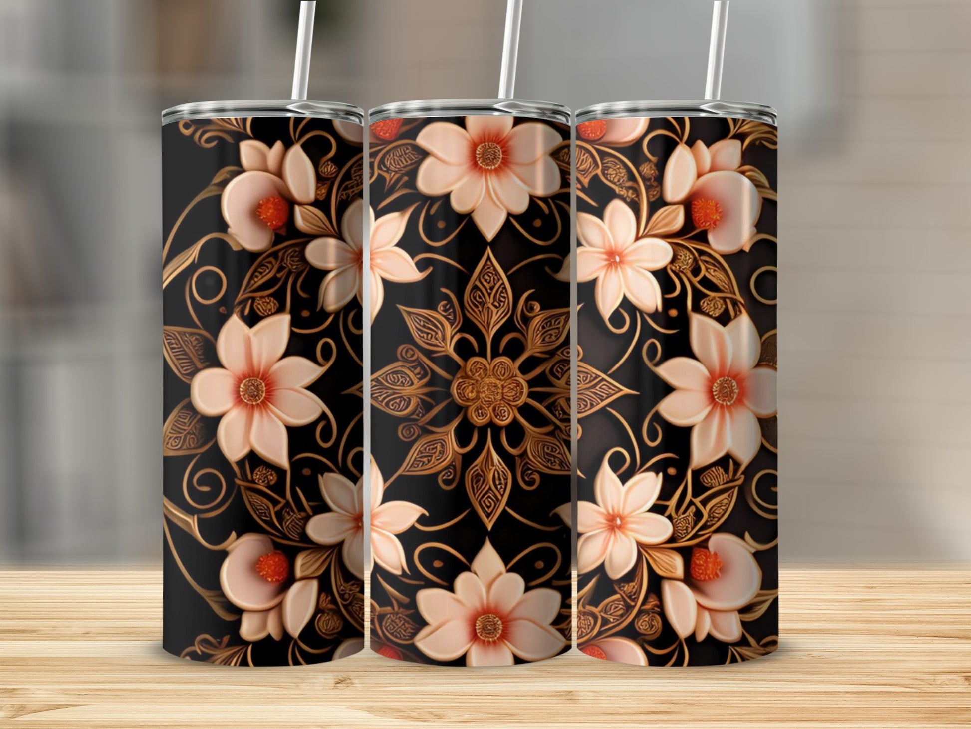 Elegant Floral Design Insulated Tumbler with Straw