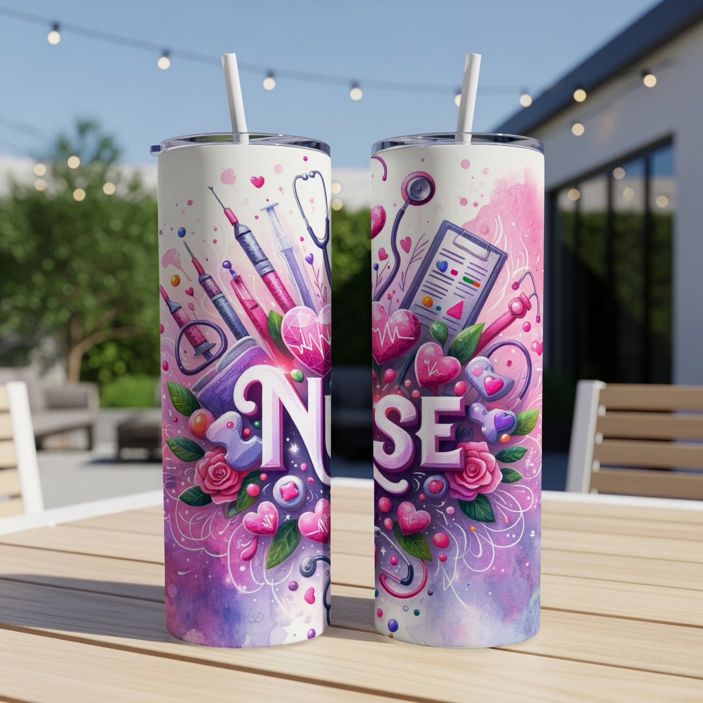 Two nurse-themed tumblers with medical icons and watercolor flowers.