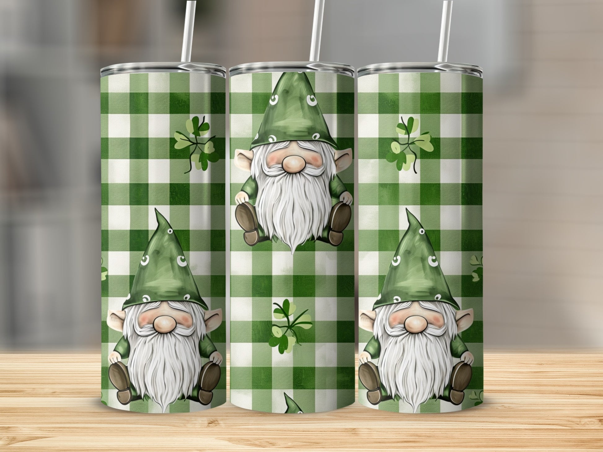Gnome with green hat and beard on a green plaid background.