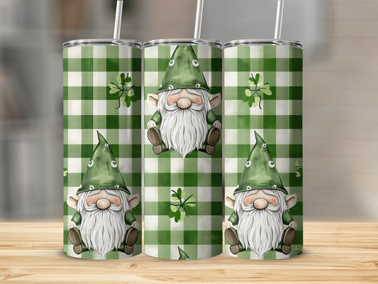 Gnome with green hat and beard on a green plaid background.