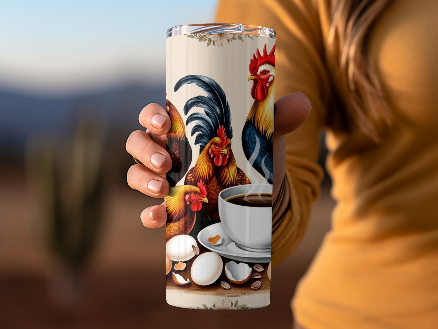Colorful Rooster and Coffee Print Insulated Tumbler
