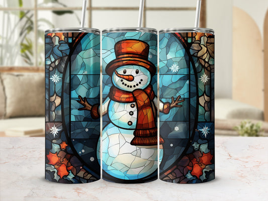 Snowman with stained glass design and scarf on a tumbler.