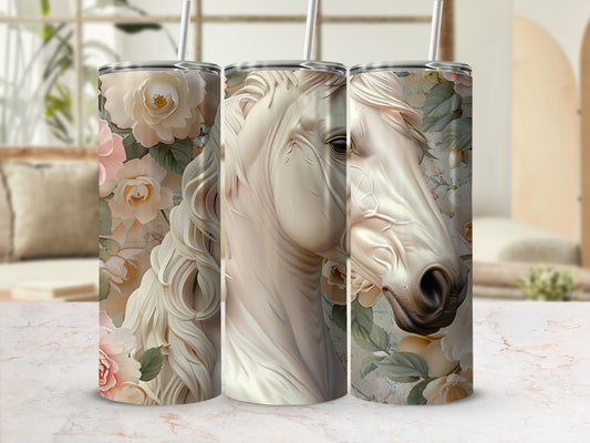 White horse head with floral pattern on skinny tumbler.
