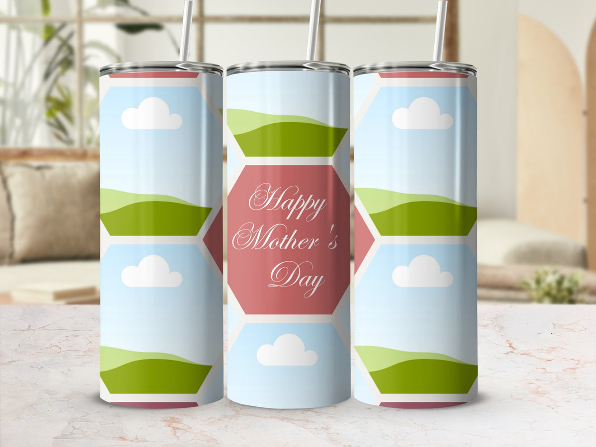 Three tumblers with a landscape design and "Happy Mother's Day" text.