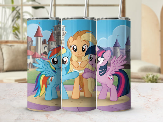 Three My Little Pony characters Rainbow Dash, Applejack, and Pinkie Pie on a tumbler.