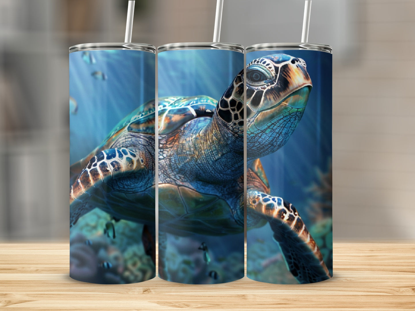 Sea turtle swimming underwater with coral reefs and sunbeams.