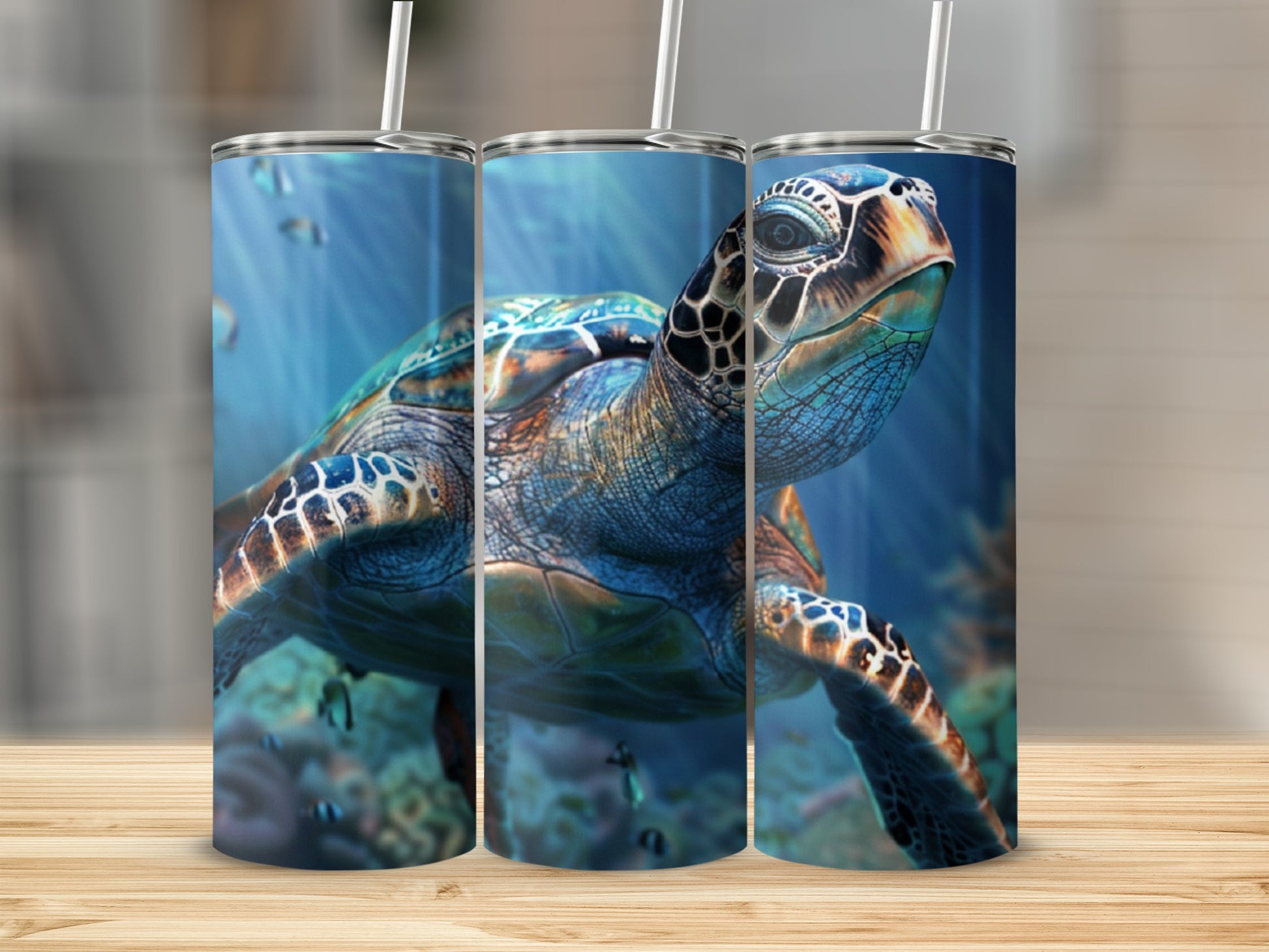 Sea turtle swimming underwater with coral reefs and sunbeams.