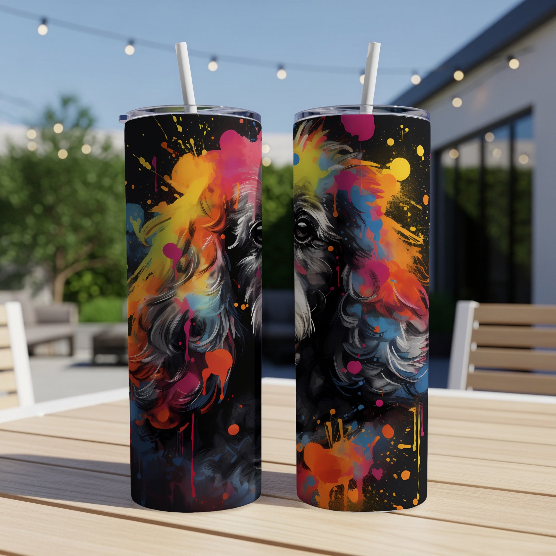 Two tumblers featuring a colorful, abstract dog illustration with black background.