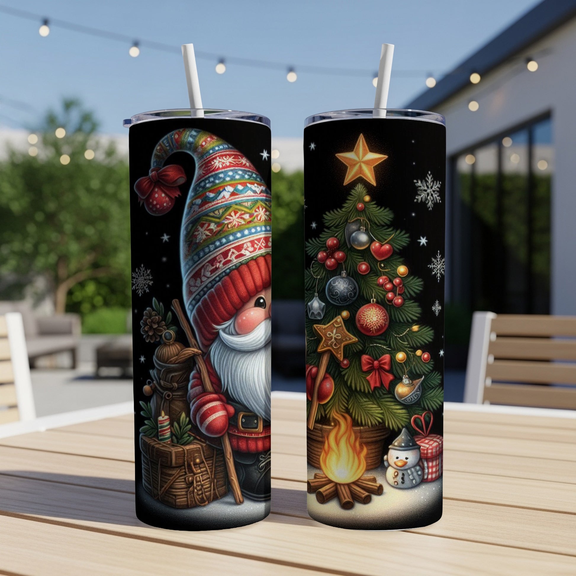 Two tumblers with Christmas gnome and decorated tree designs.