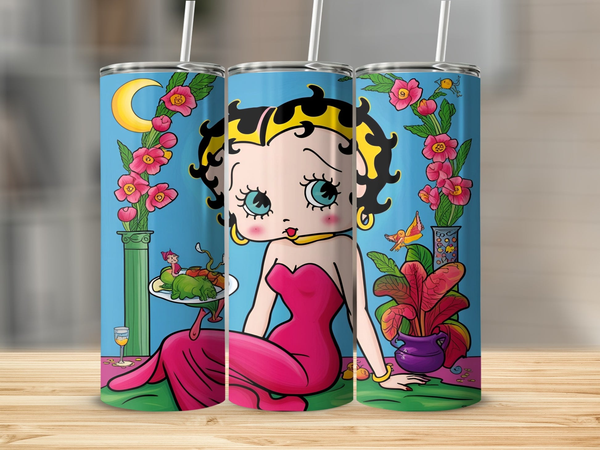 Betty Boop in a pink dress serving a tray of food with flowers and a bird.