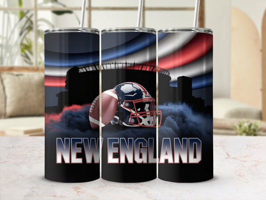 New England Patriots football helmet and stadium design on a tumbler.