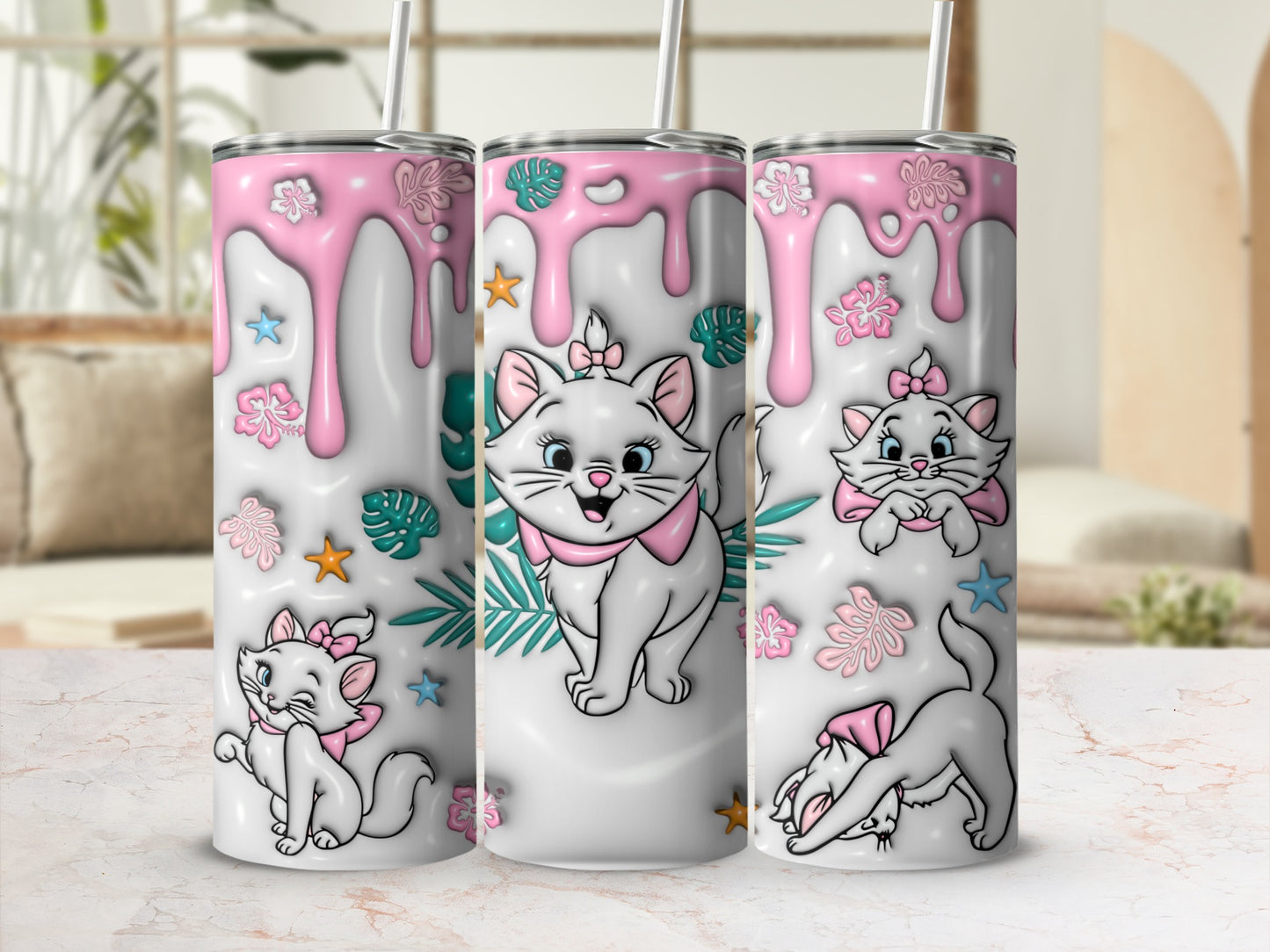 White tumbler with pink drips, featuring multiple illustrations of Marie the Aristocat in various poses.
