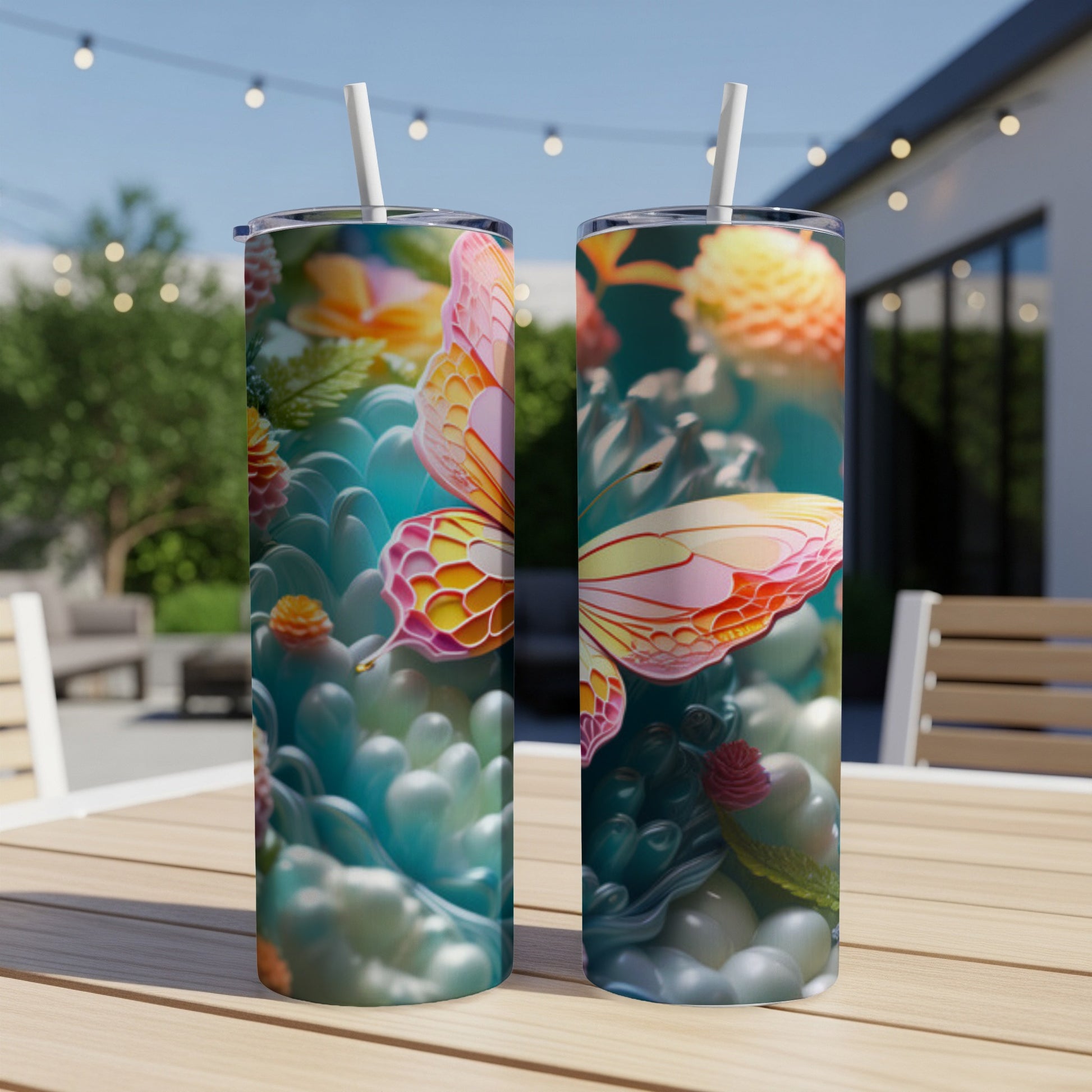 Two tall tumblers with a vibrant butterfly and floral design.