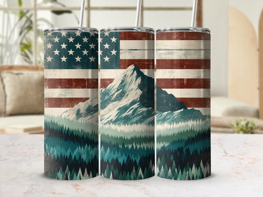 American flag tumbler with mountain and forest scene.