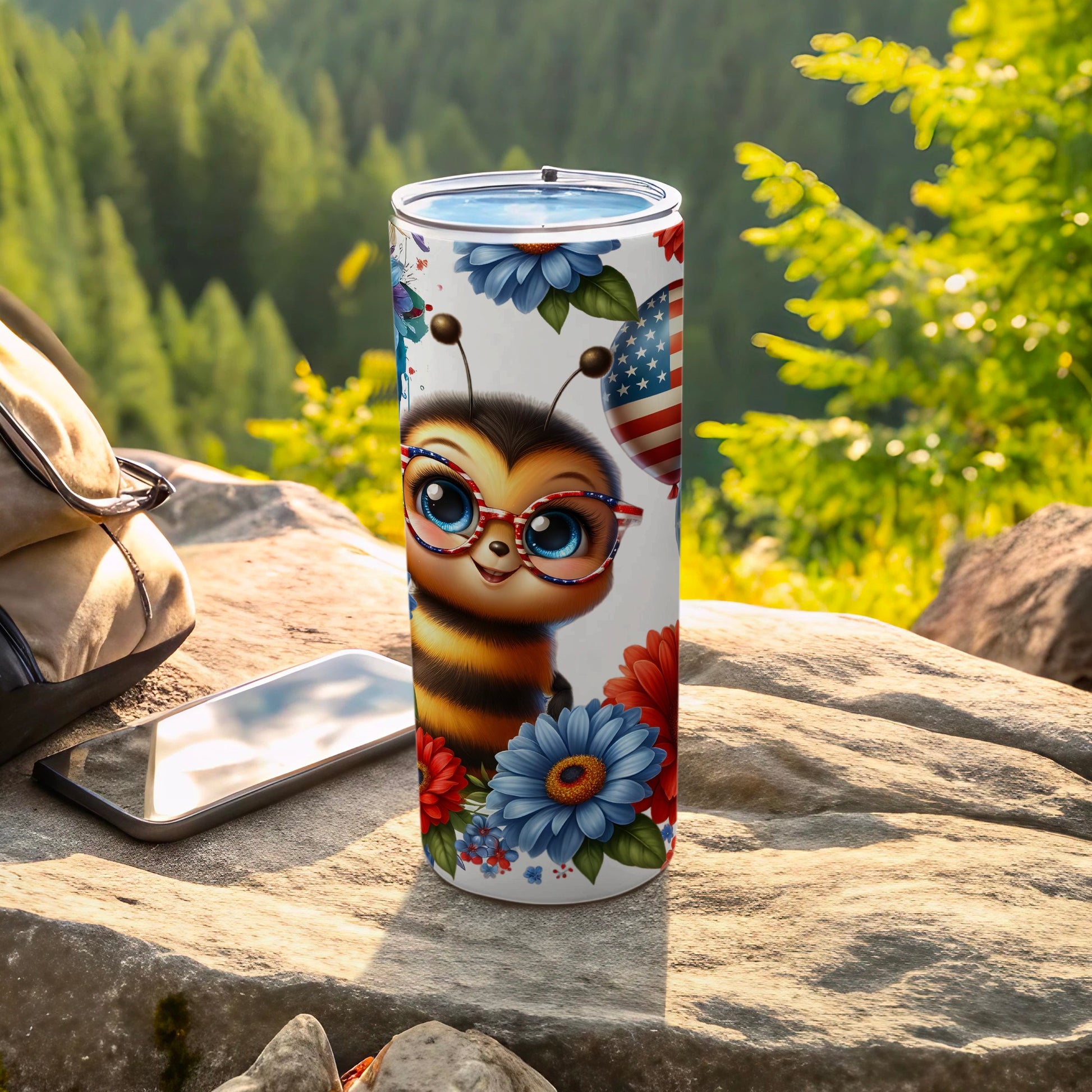 Bee character with glasses on a floral patriotic tumbler.