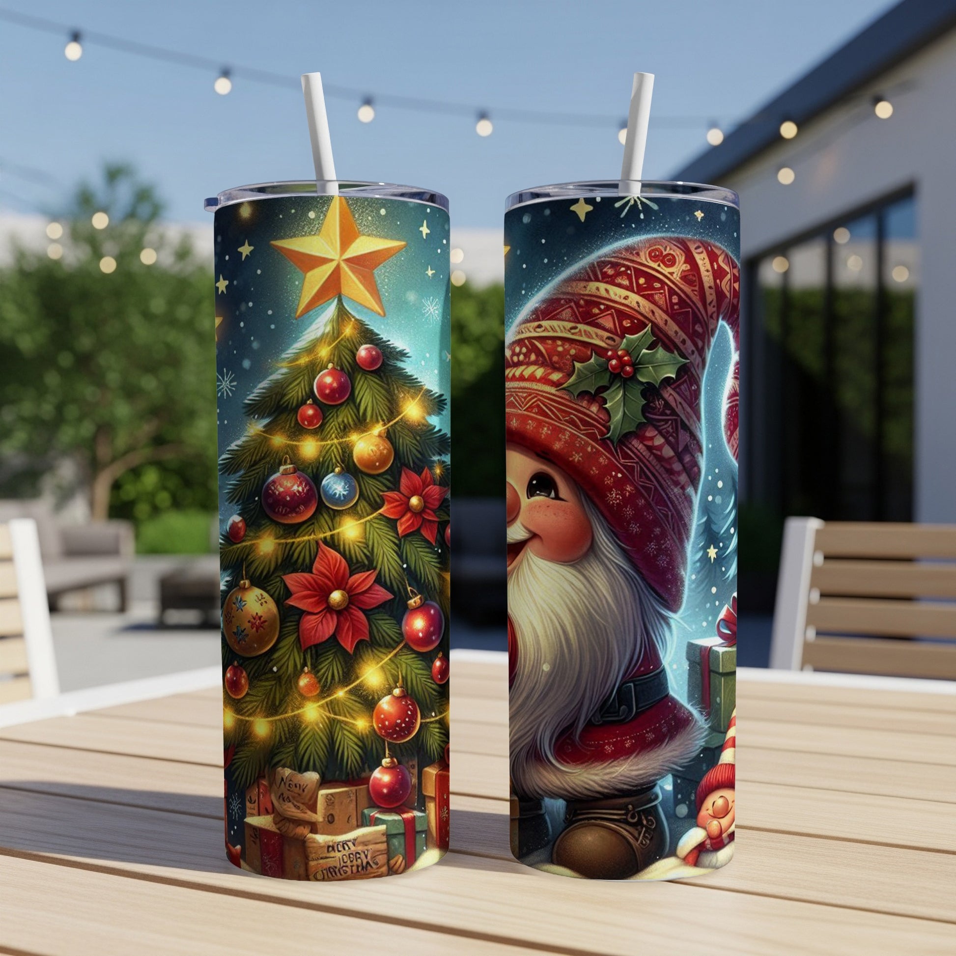 Christmas tree with ornaments and Santa Claus design on two tumblers.