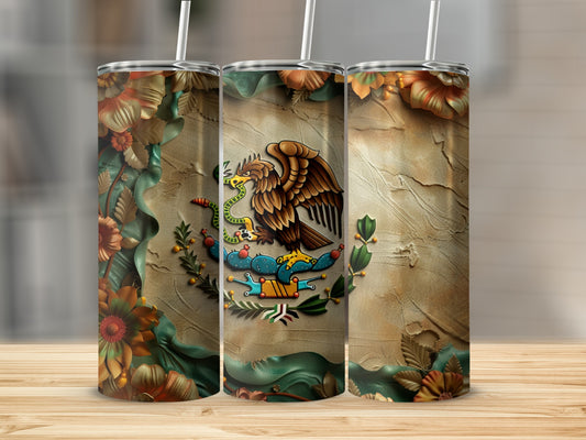 Mexican flag emblem with floral accents on three tumblers.