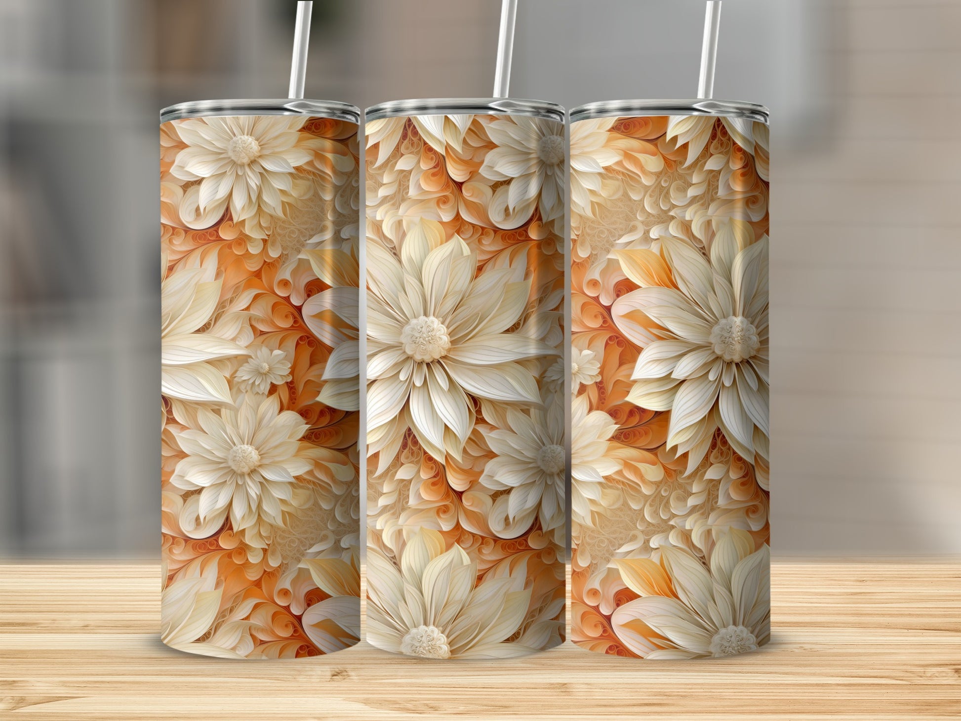 Elegant Floral Design Stainless Steel Tumbler Cup