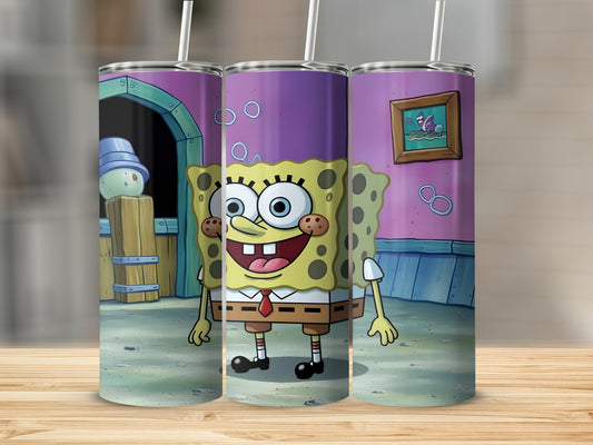 SpongeBob SquarePants character on three tumblers with a wooden background.