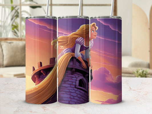 Rapunzel sitting on a castle tower with her long blonde hair flowing.